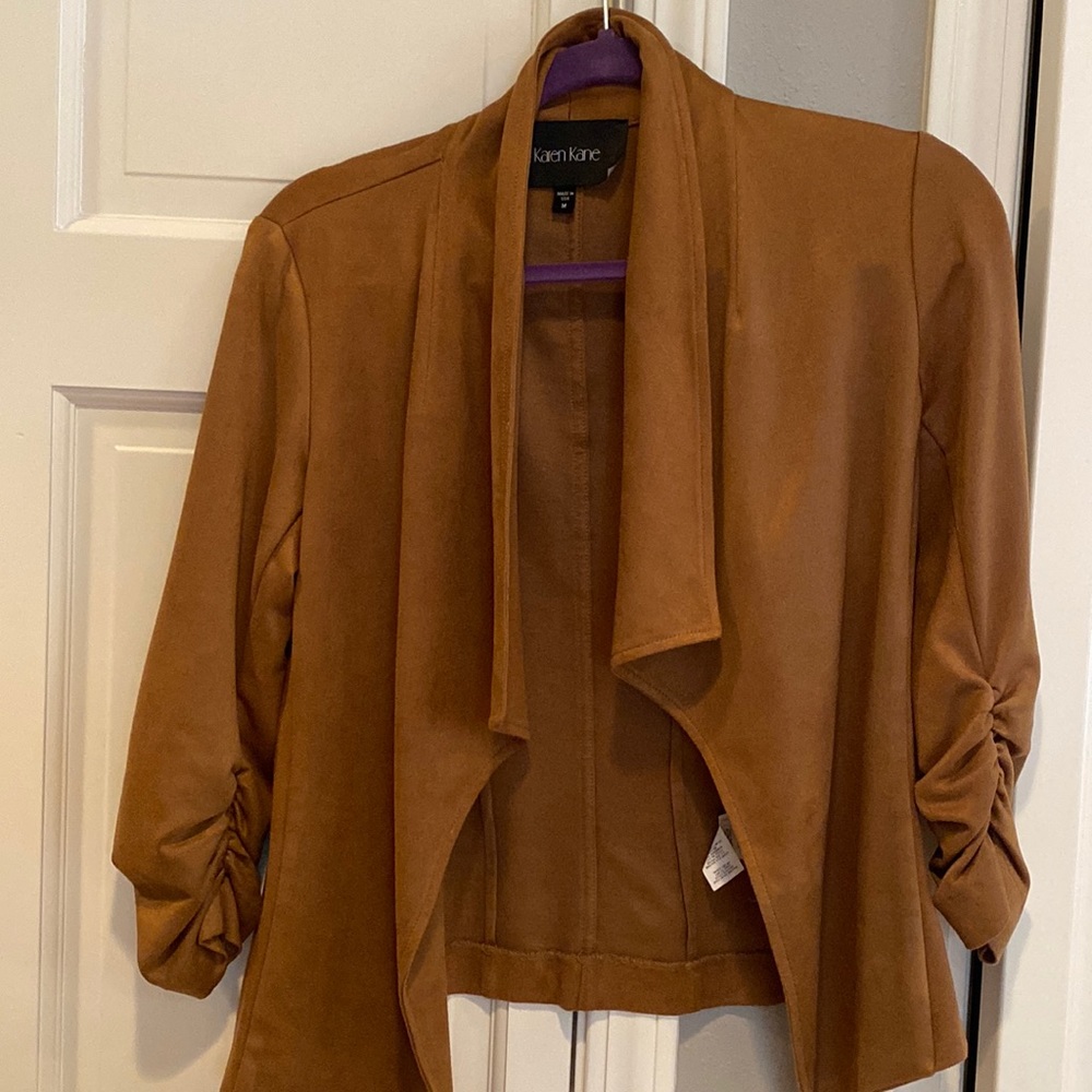Karen Kane faux suede saddle brown open draped front jacket.
